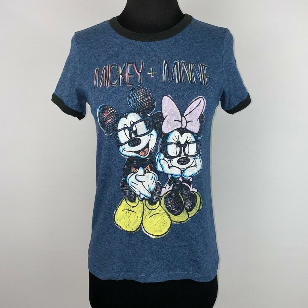 Disney Minnie And Mickey Mouse Glasses Ringer T-Shirt Juniors S Cute Geek Nerd